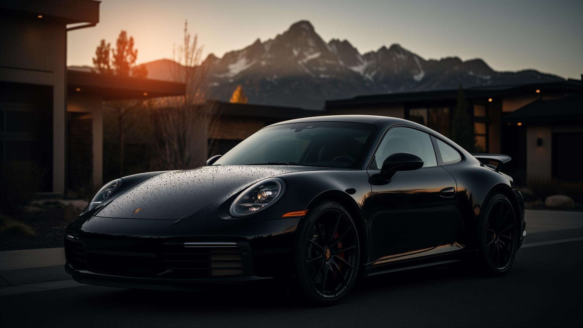Freshly detailed black luxury sports car at sunset in Colorado Springs